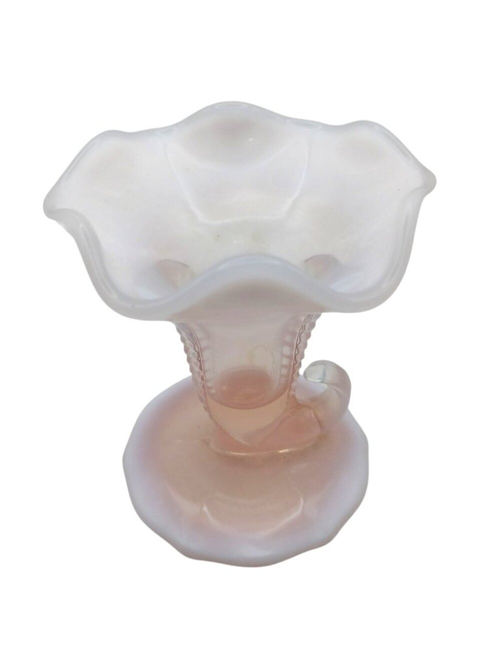 Duncan & Miller Glass Vase Cornucopia Pink Opalescent Feather Vintage 40s MCM